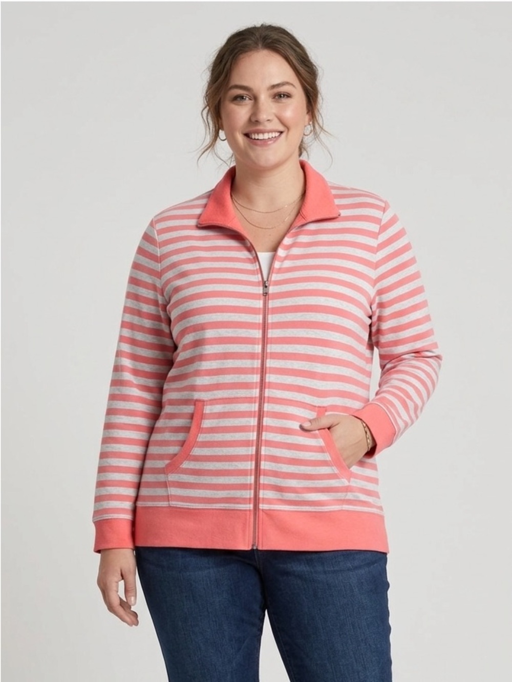 Chico’s Pink White Gray Striped Zip-Up Jacket. Size 3 (XL 16)